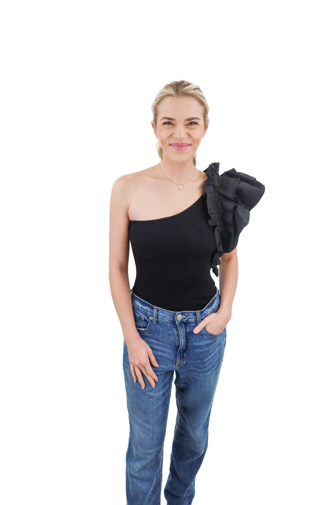 Vici black oneshoulder ruffle bodysuit