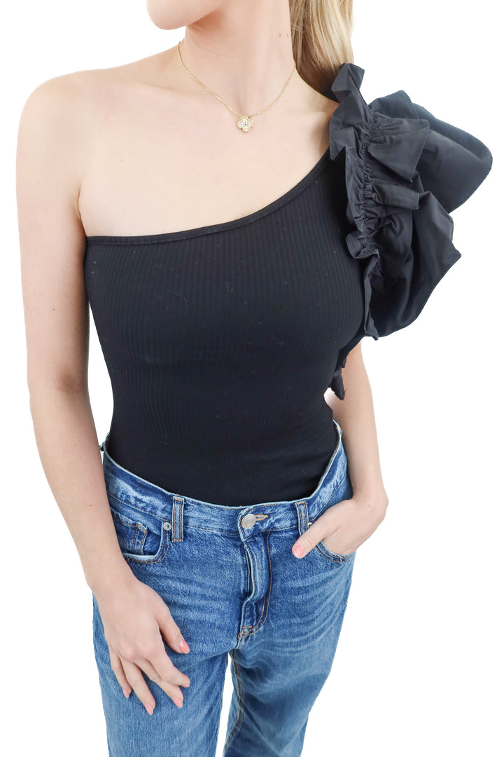 Vici black oneshoulder ruffle bodysuit