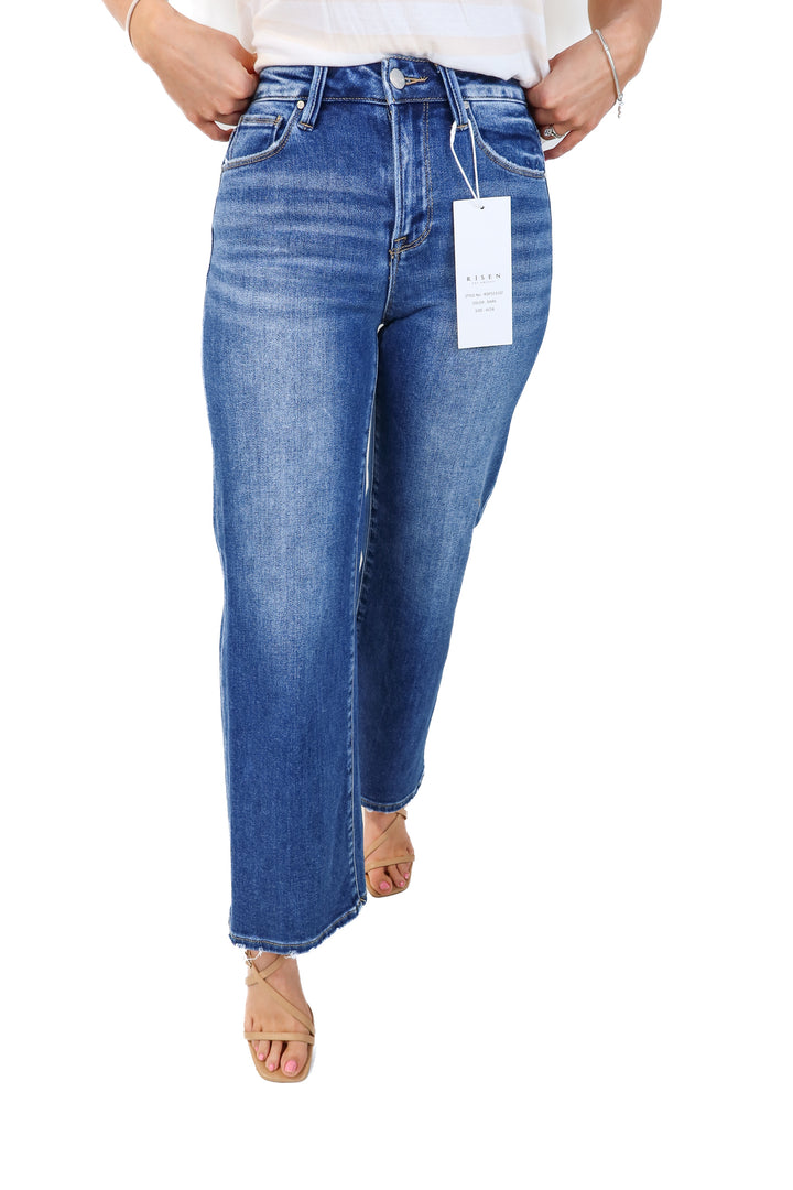 risen dark wash raw hem jeans NWT (24; retail $69)