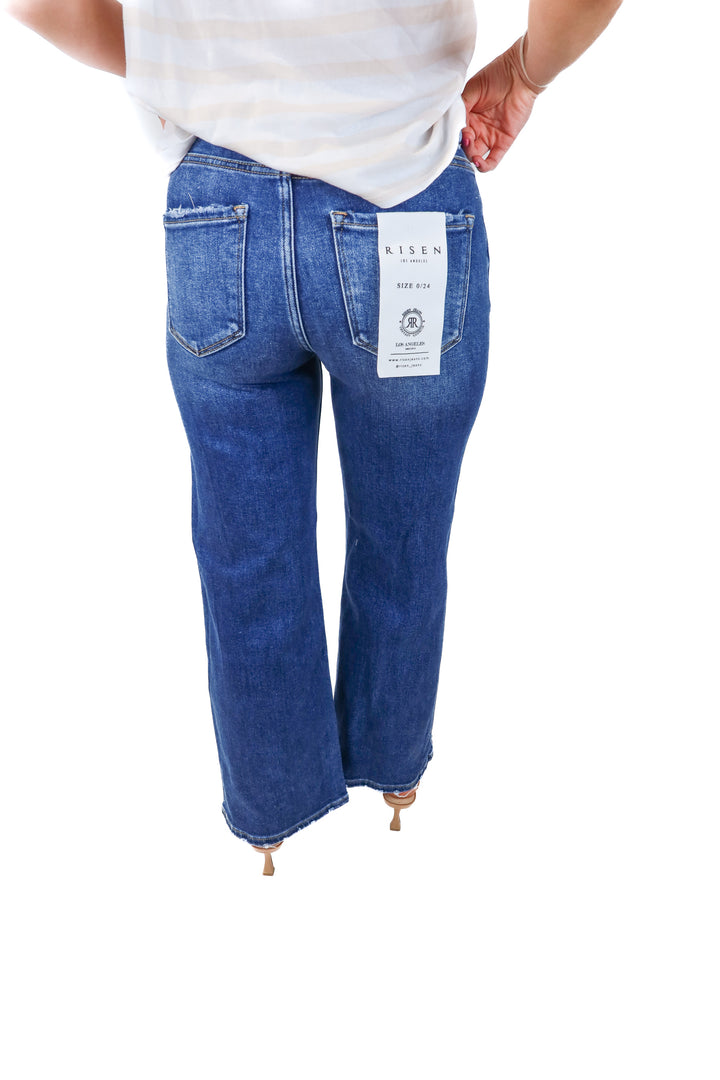 risen dark wash raw hem jeans NWT (24; retail $69)