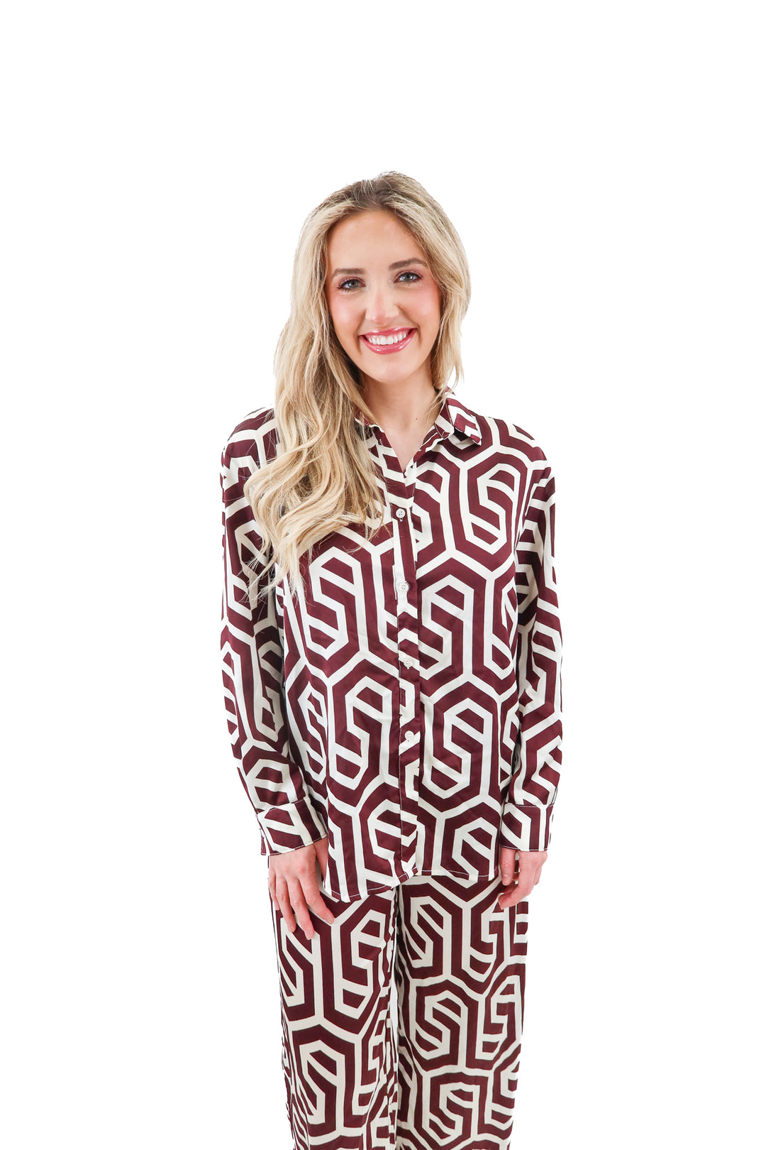 billy j brown patterned top (6; retail $70)
