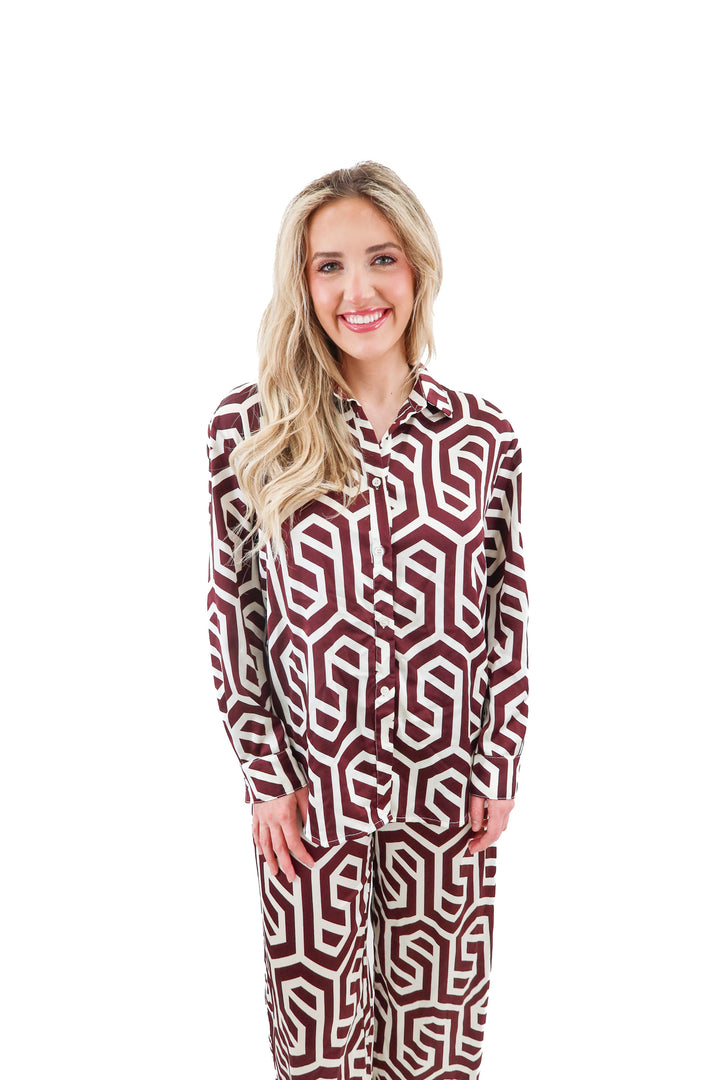 billy j brown patterned top (6; retail $70)