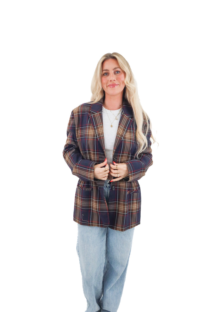steve madden brown and navy plaid blazer (l)
