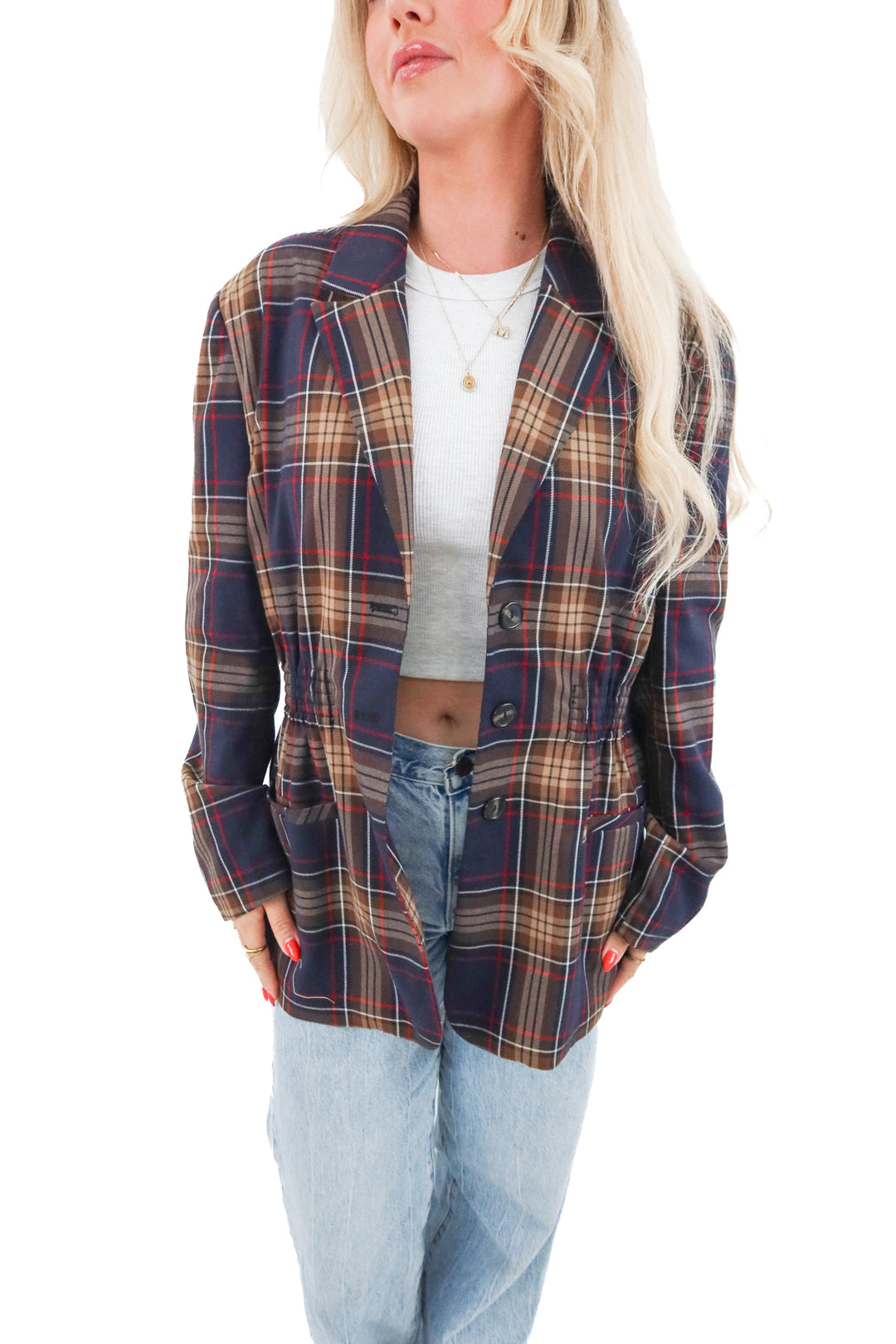 steve madden brown and navy plaid blazer (l)