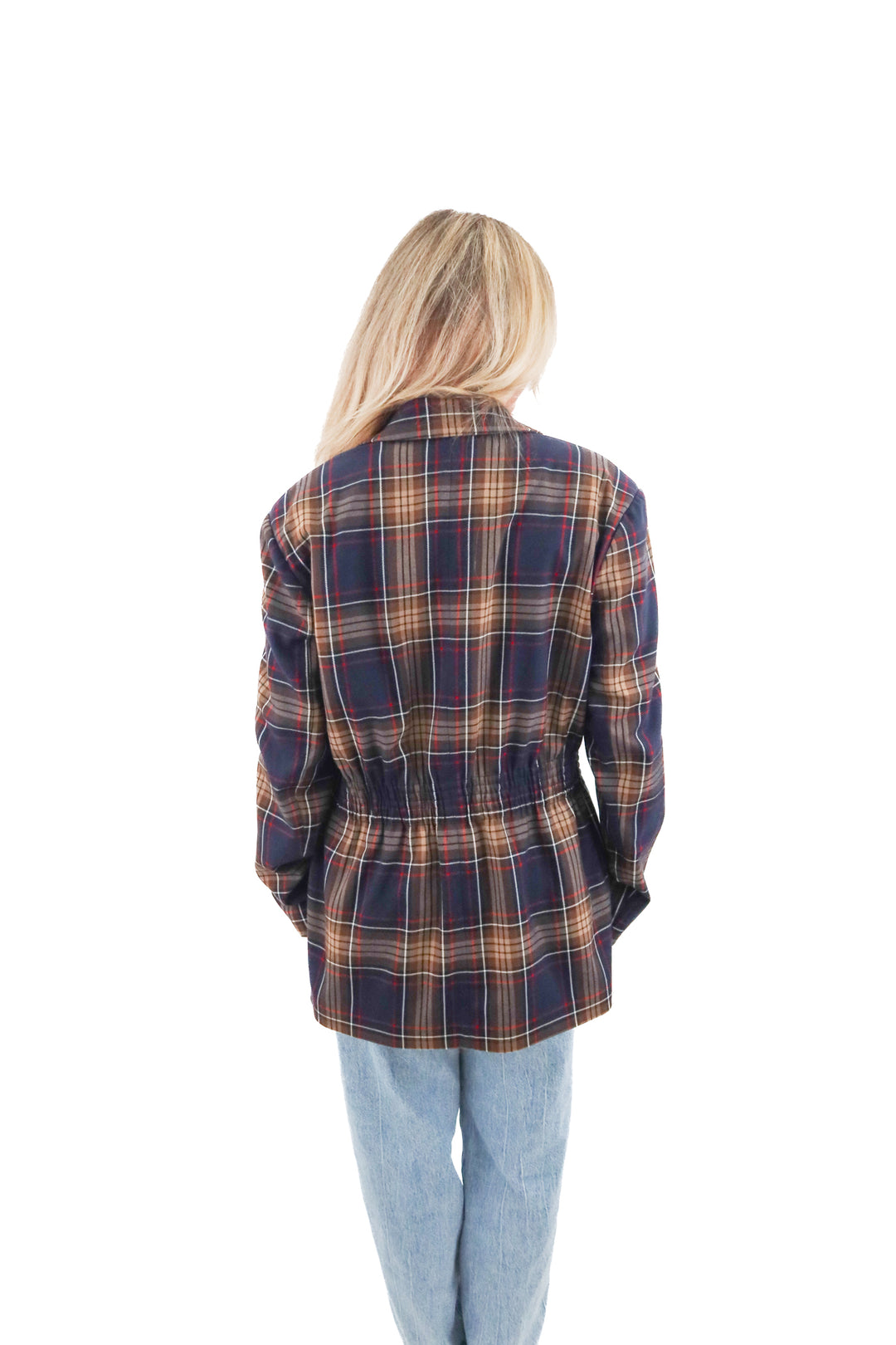 steve madden brown and navy plaid blazer (l)