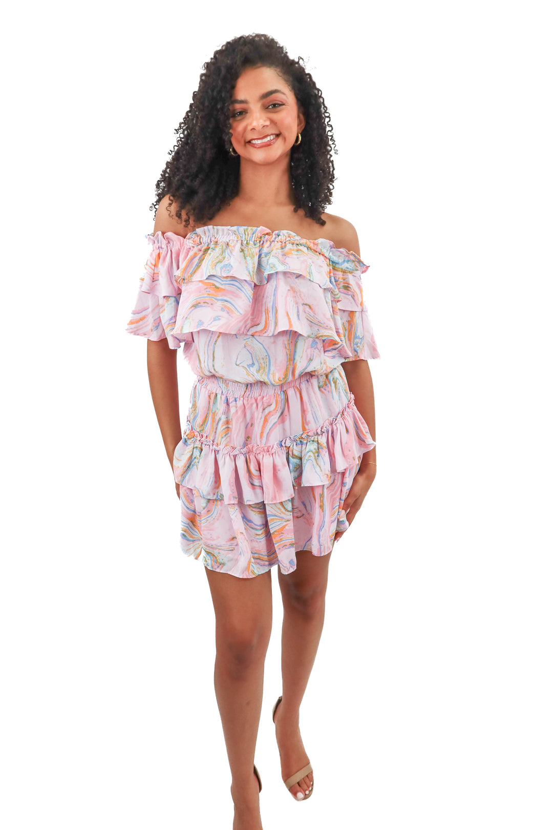 buddy love pink marbled kiera ruffled off shoulder mini dress NWT (M)