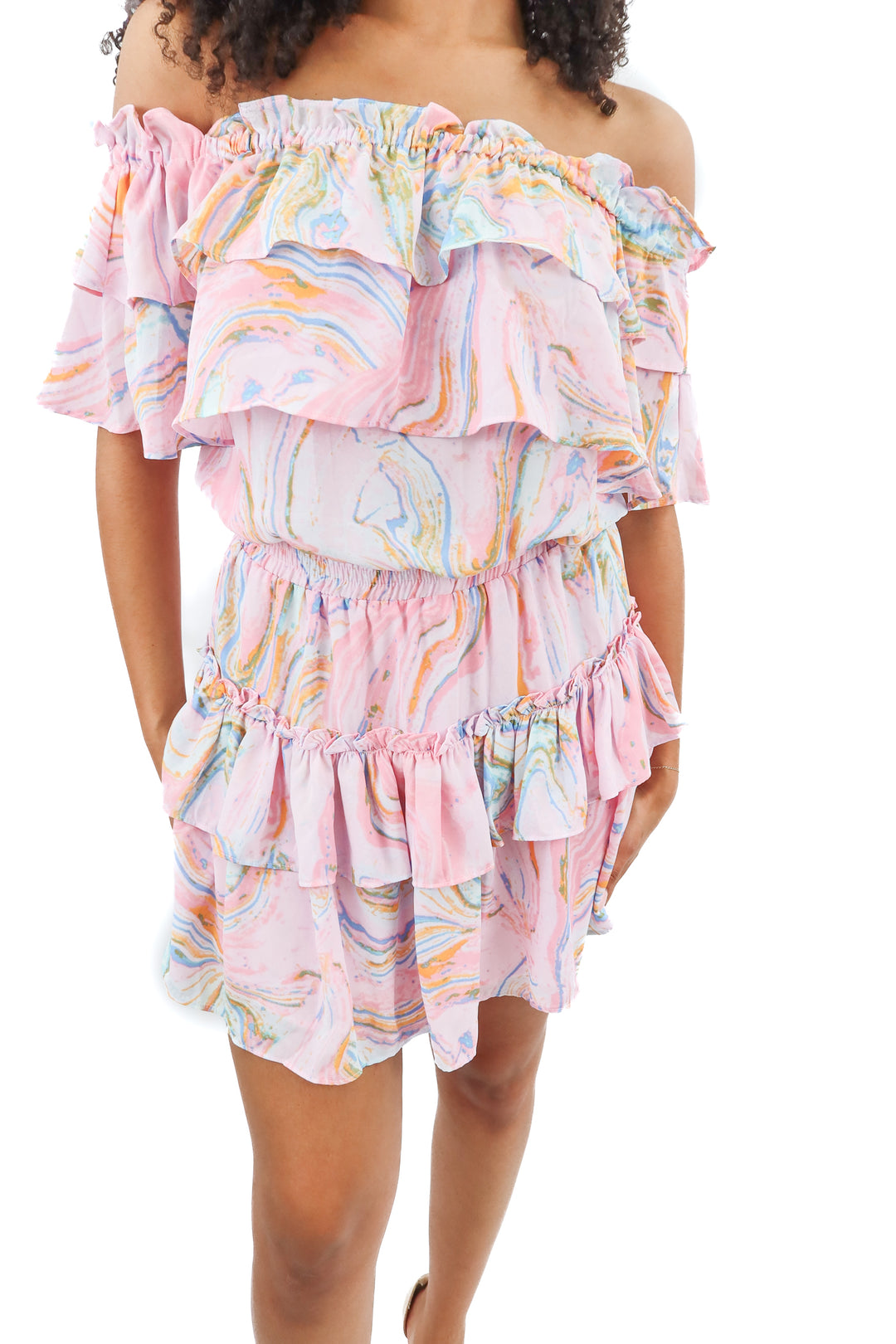 buddy love pink marbled kiera ruffled off shoulder mini dress NWT (M)