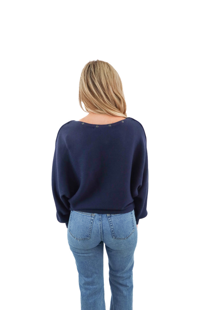 Blanc Noir navy button sleeve sweater (M; retail $189)