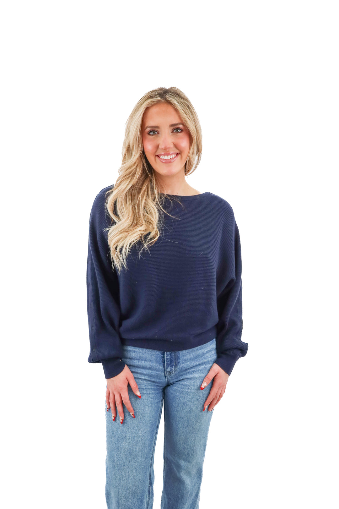 Blanc Noir navy button sleeve sweater (M; retail $189)