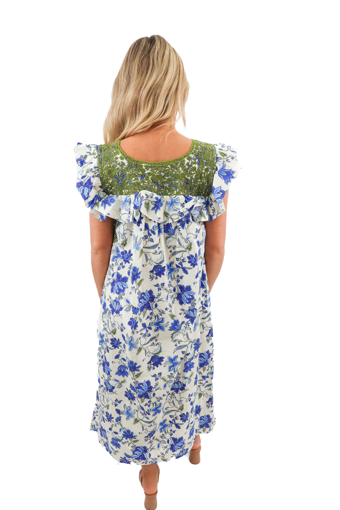 mi golondrina blue floral stitch maxi dress (s; retail $425)