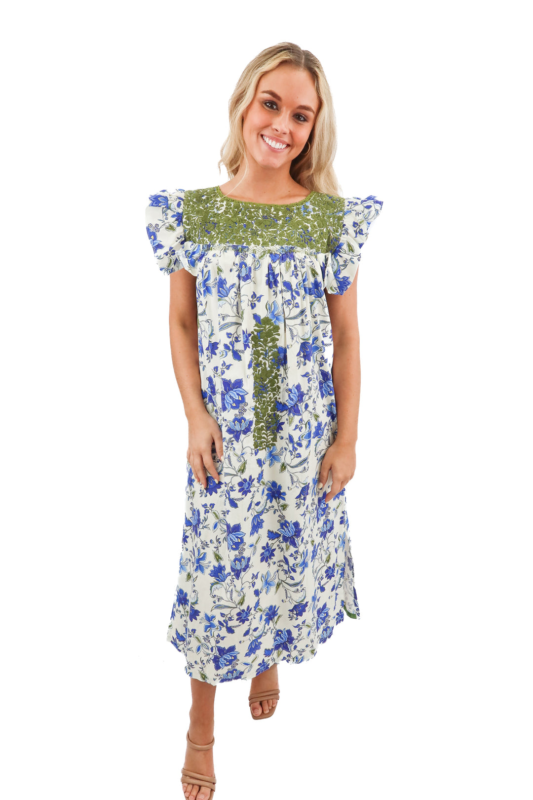 mi golondrina blue floral stitch maxi dress (s; retail $425)