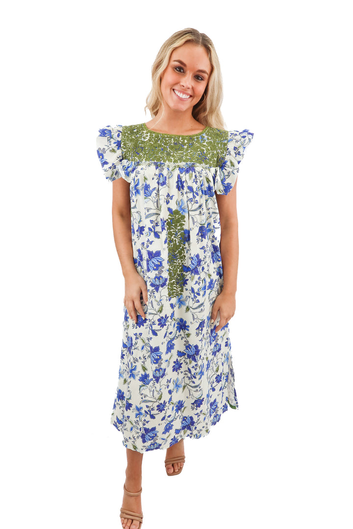 mi golondrina blue floral stitch maxi dress (s; retail $425)