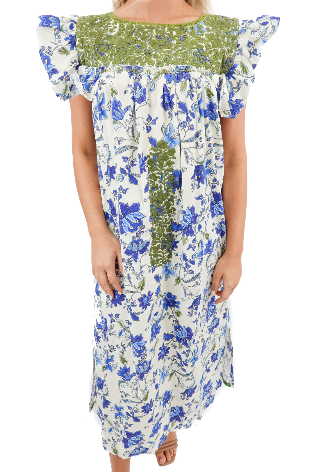 mi golondrina blue floral stitch maxi dress (s; retail $425)