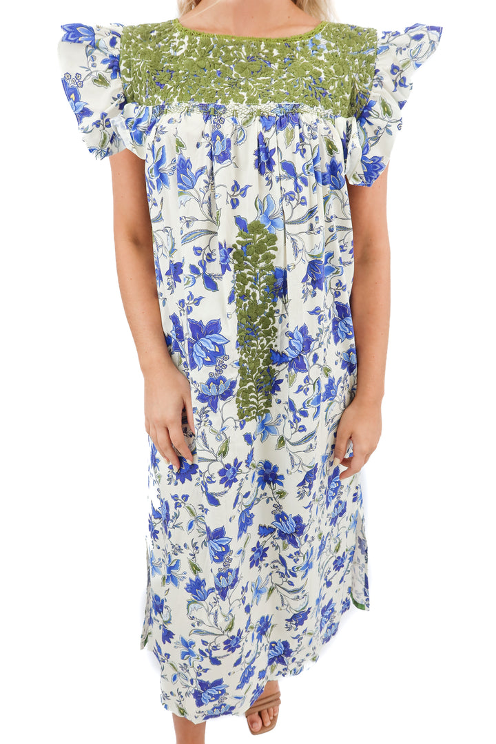mi golondrina blue floral stitch maxi dress (s; retail $425)
