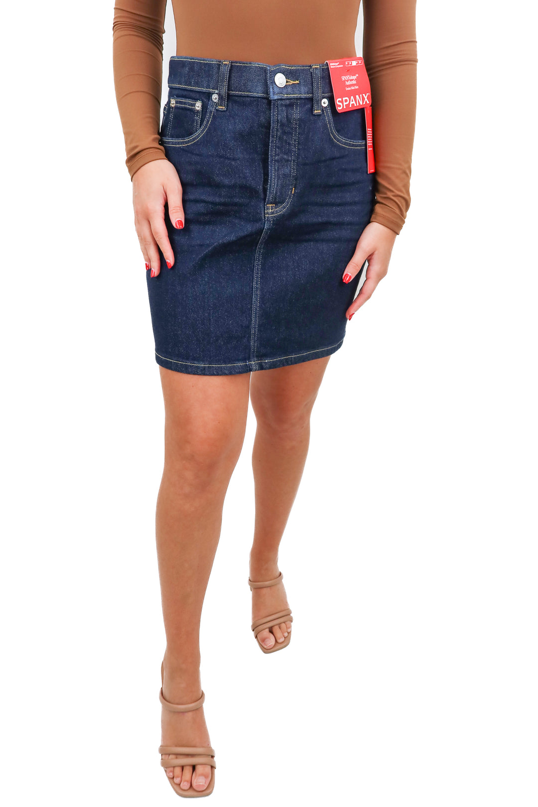 spanx dark wash denim mini skirt NWT (s; retail $138)