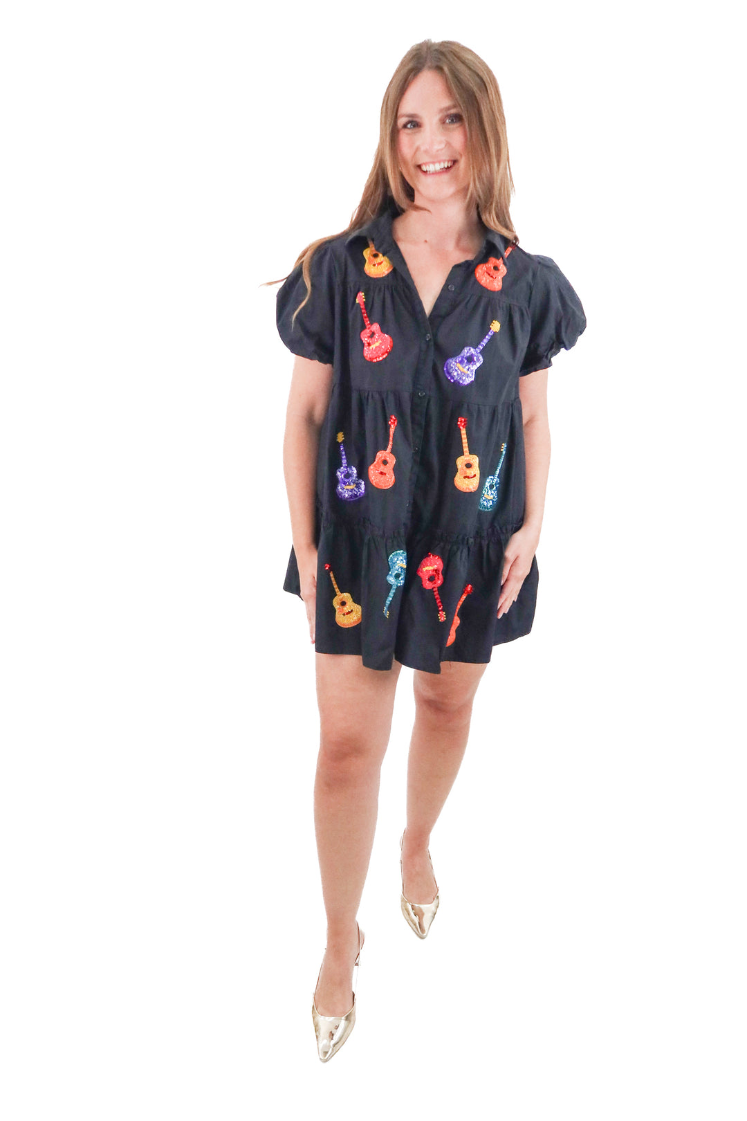 peach love black sequin guitar mini dress (l)