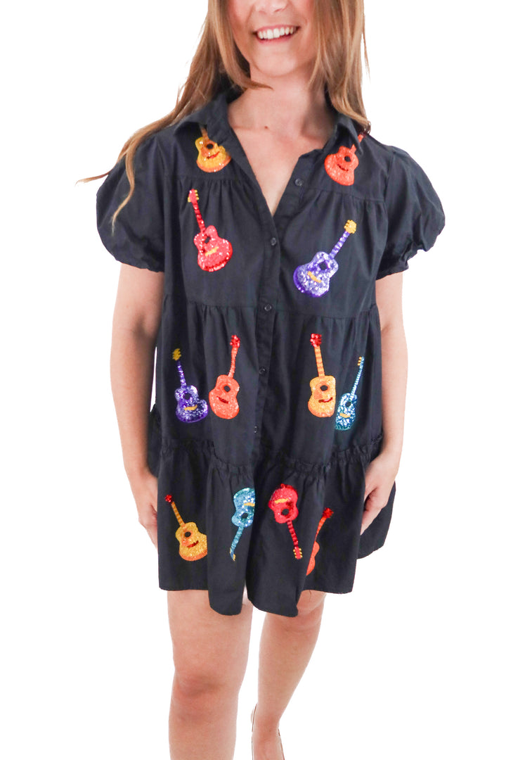 peach love black sequin guitar mini dress (l)