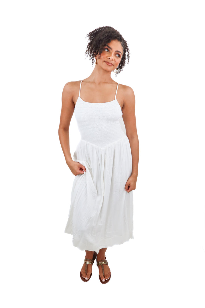 vici white smocked maxi dress (s; retail $78)
