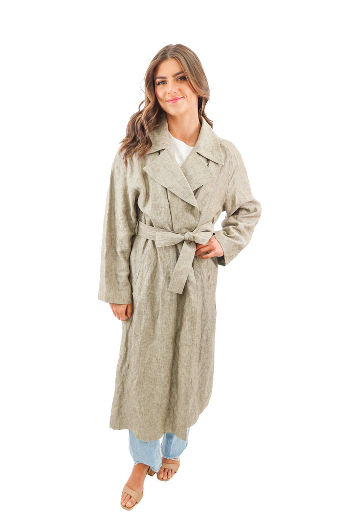Massimo Dutti taupe linen trench coat (L; retail $290)