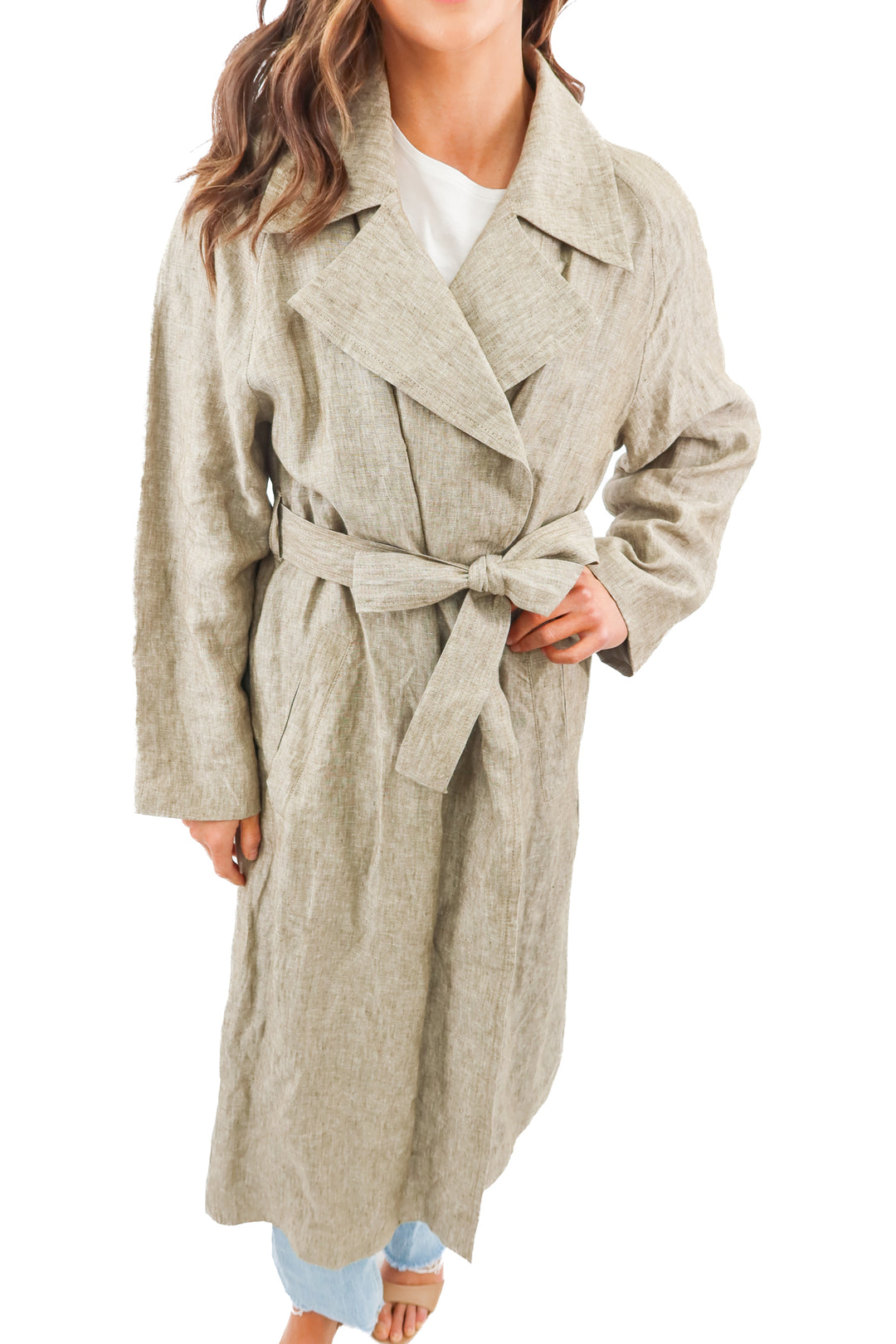 Massimo Dutti taupe linen trench coat (L; retail $290)
