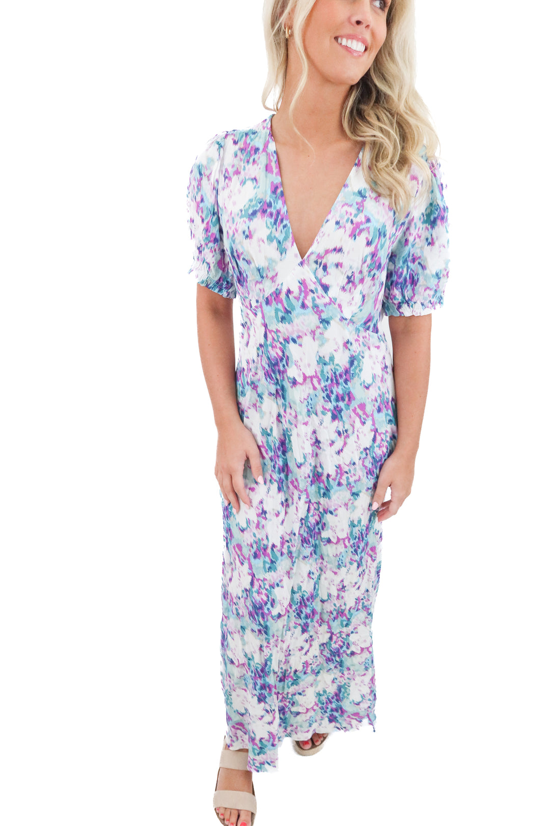 a new day purple and blue patterned maxi dress (m; retail $40)