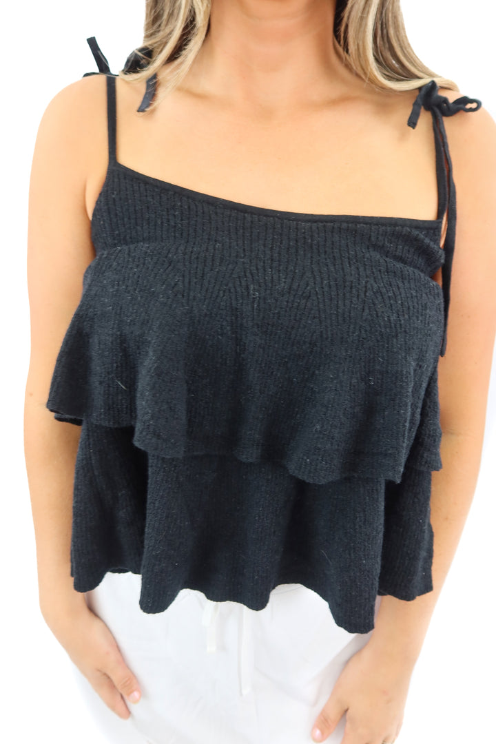 j. crew black merino wool ruffle tiered sleeveless knit top (M)
