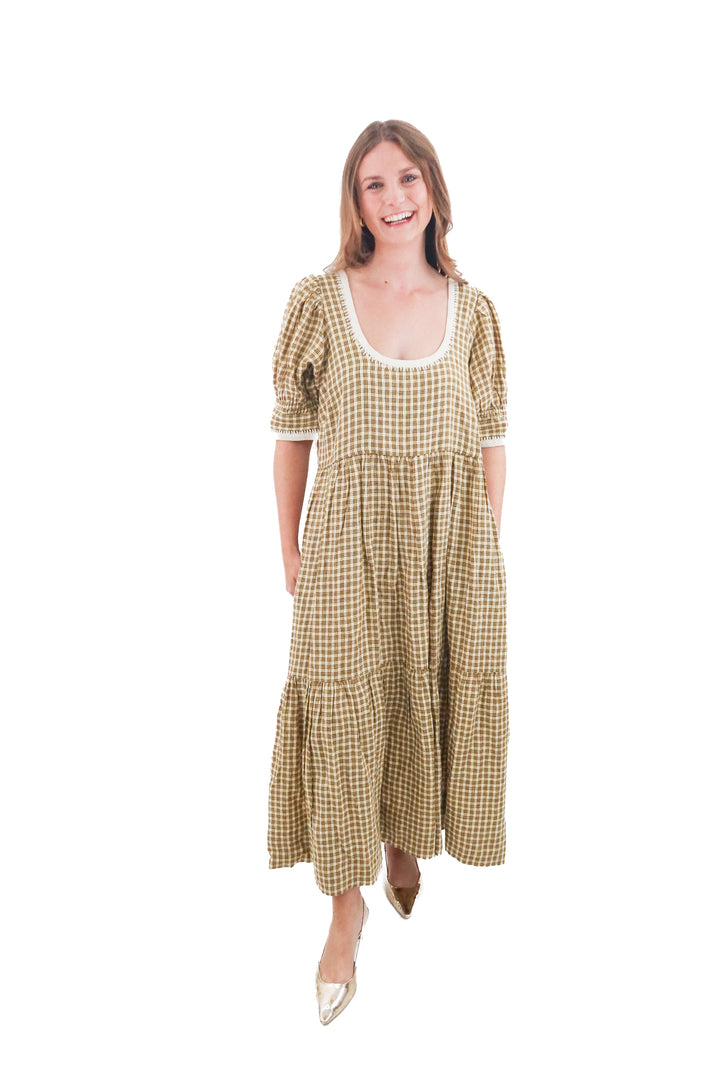 loeffler randall cream and yellow plaid maxi dress (xl; retail $350)