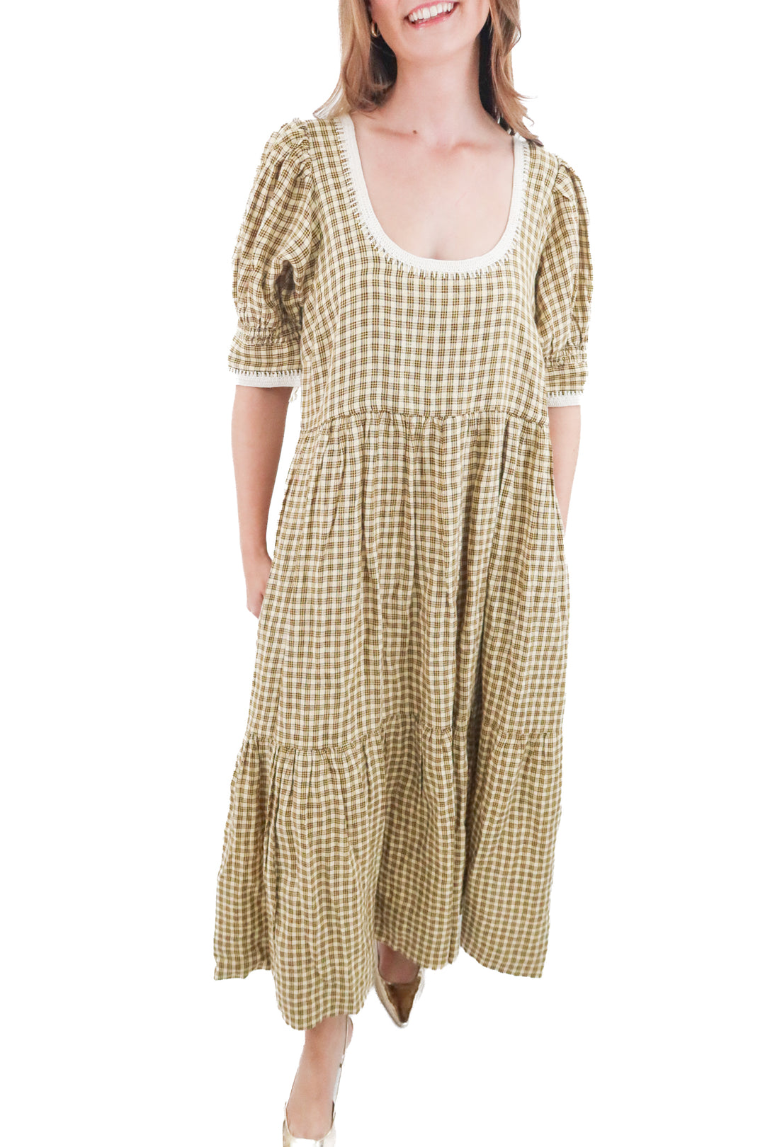 loeffler randall cream and yellow plaid maxi dress (xl; retail $350)