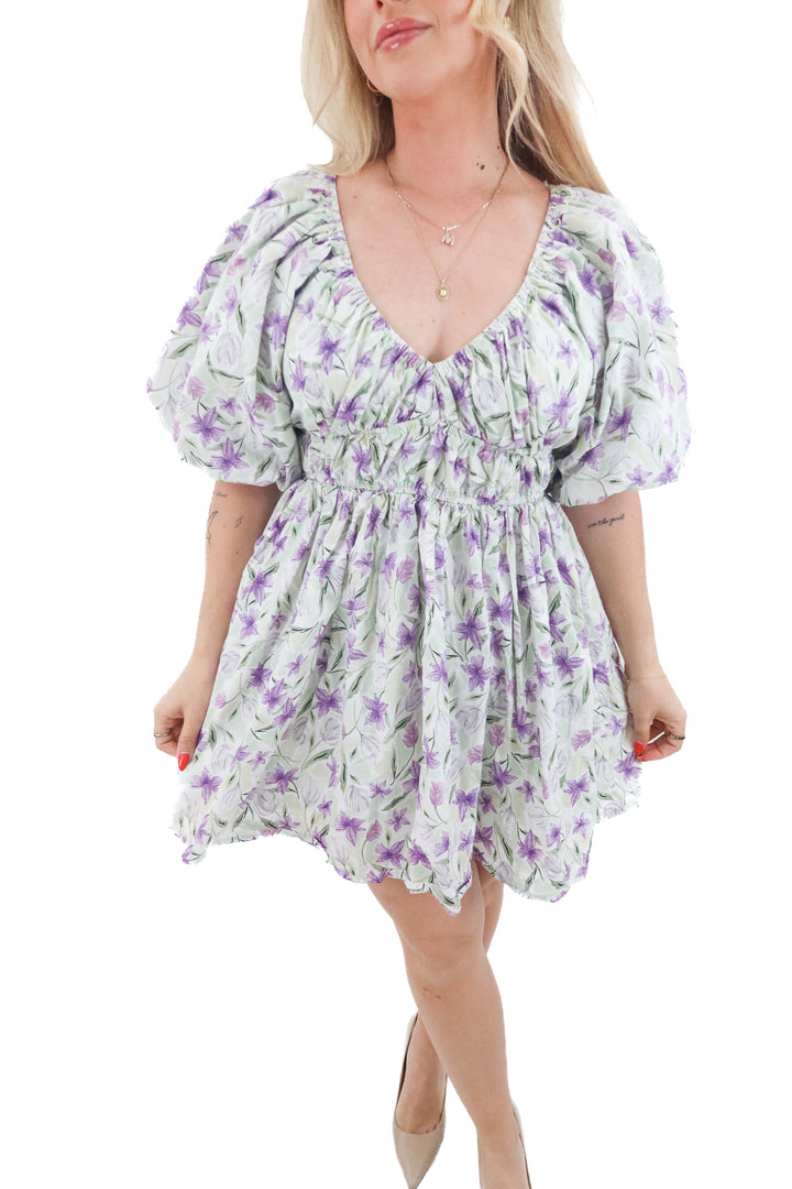 mable pastel green and purple floral mini dress (l; retail $95)