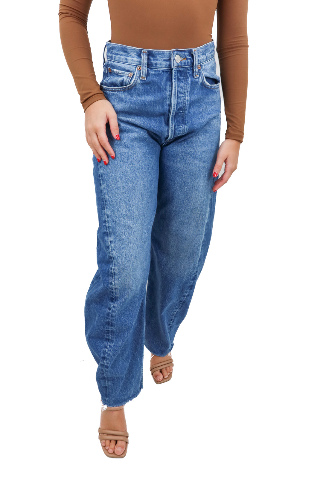 agolde medium wash wide leg jeans (26; retail $258)