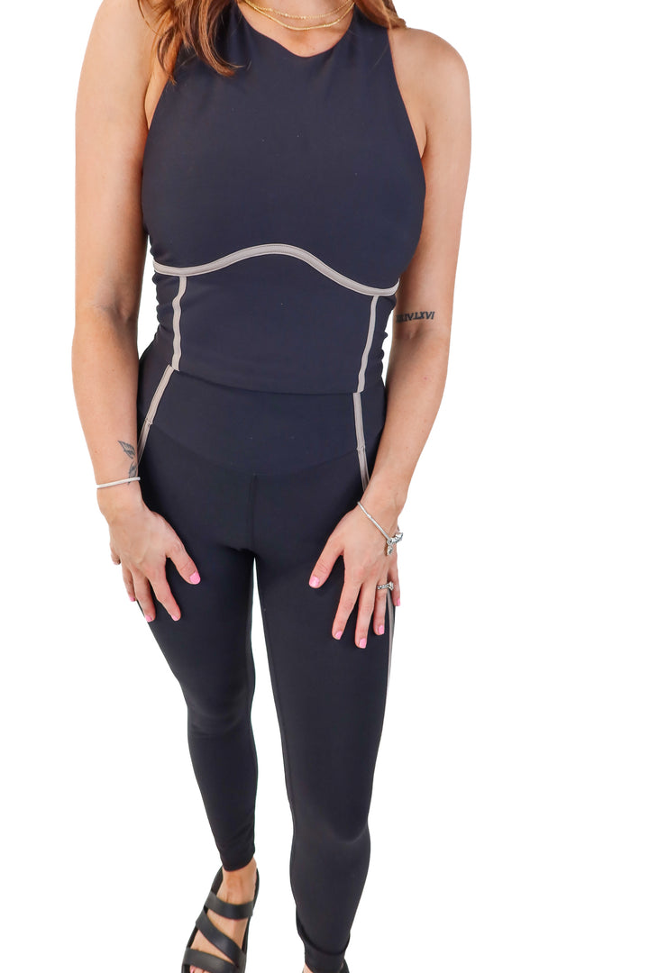 ypb black/taupe stripe activewear set (m)