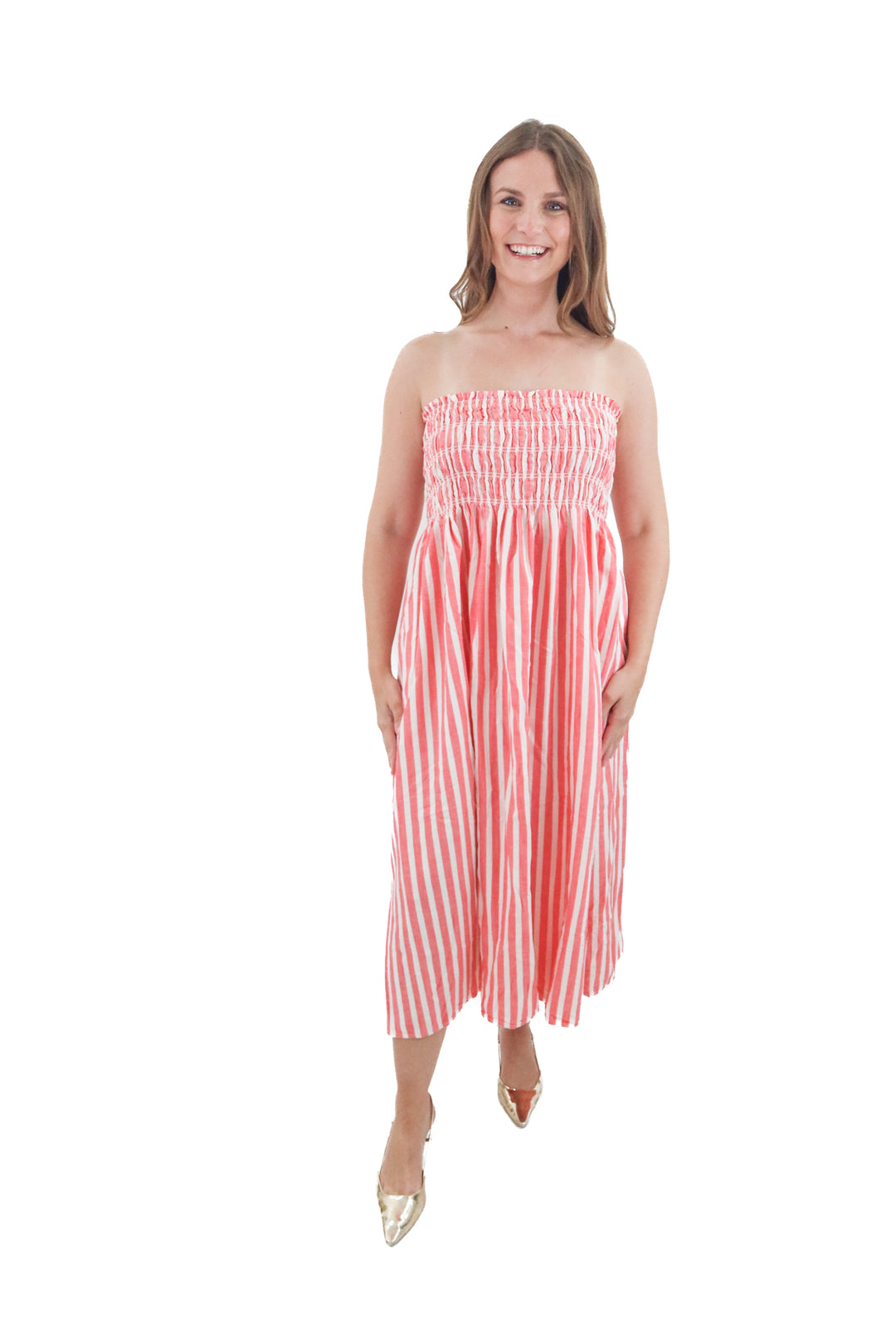 universal thread pink and white strapless maxi dress (l; retail $25)
