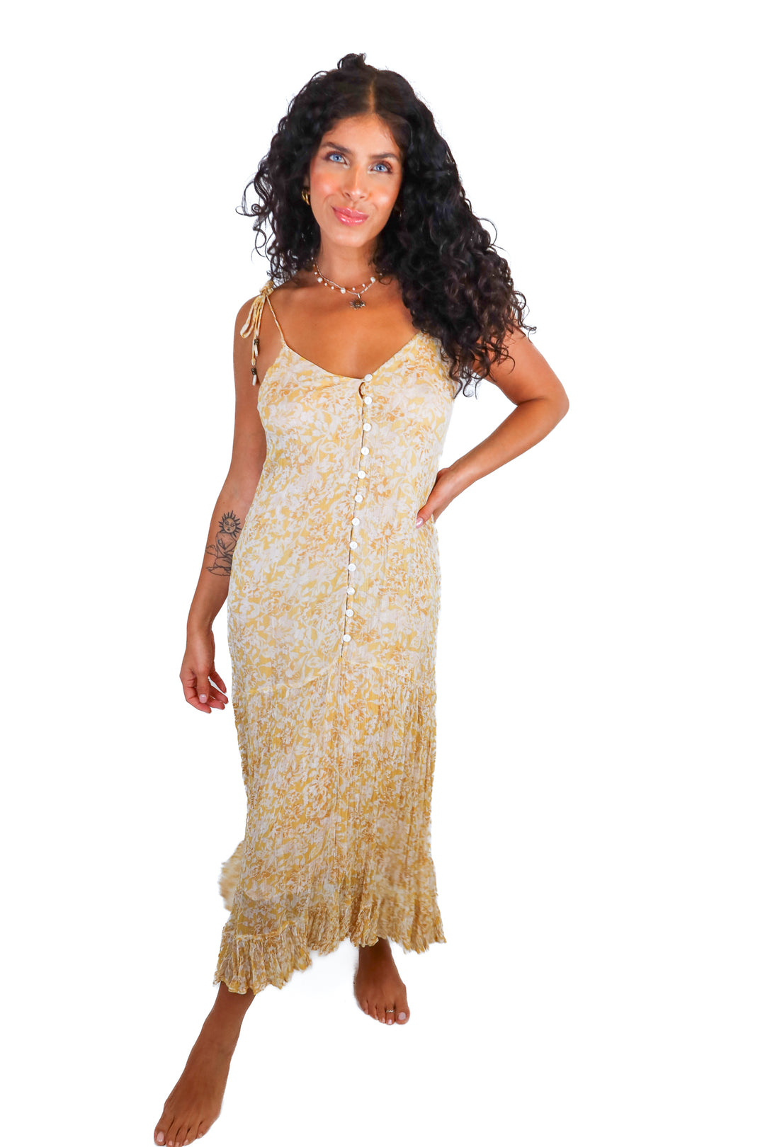 kivari yellow floral plisse maxi dress (xs; retails for $250)