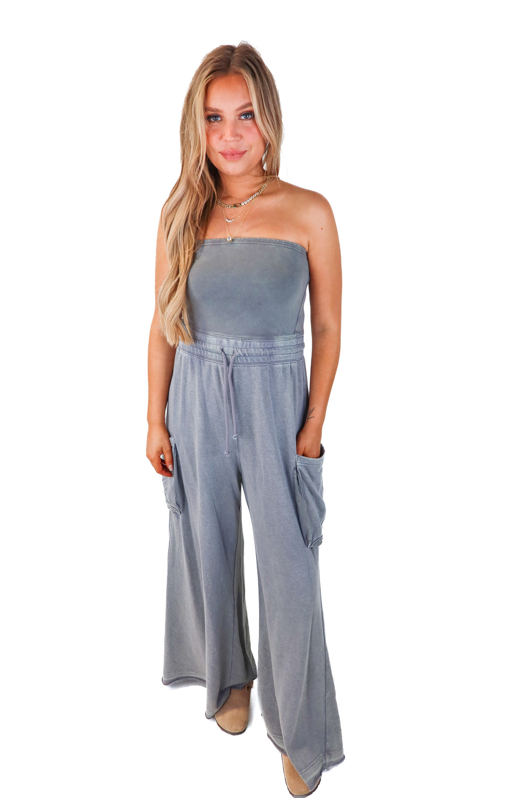 free people grey strapless jumpsuit (m)