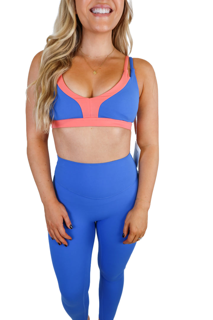 ACTA Blue/Coral 2 Strap Sports Bra & Legging Set NWT (S; Retail $100)