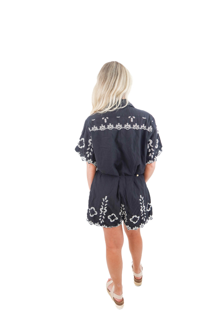 fashion nova black button up mini romper (xl; retail $45)