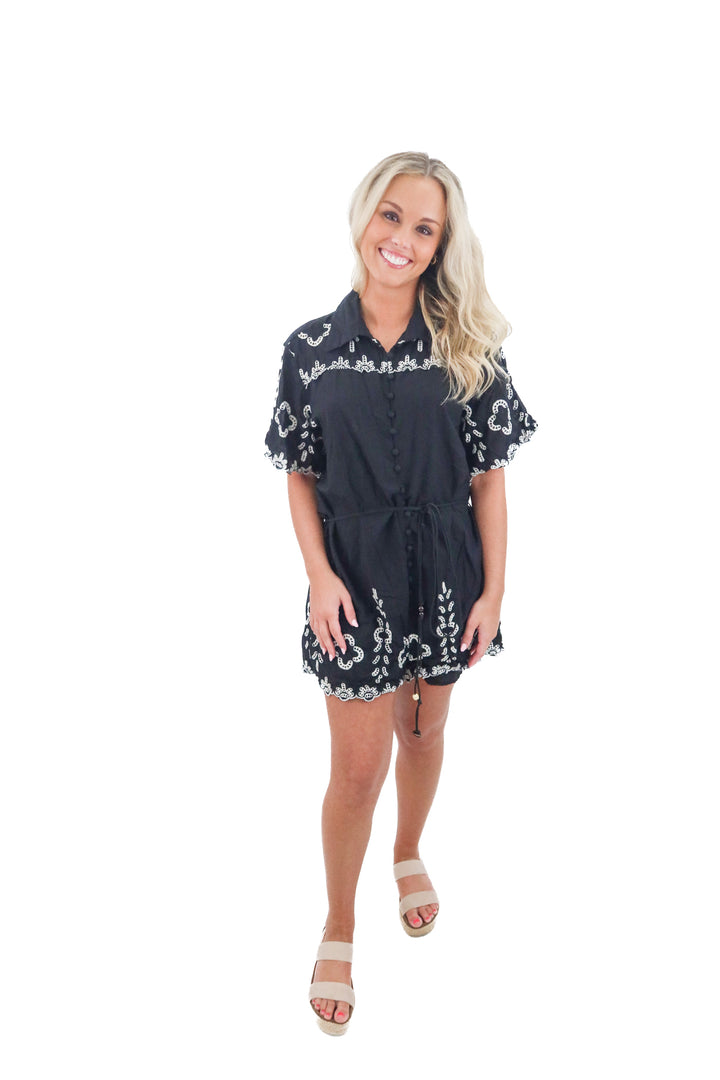fashion nova black button up mini romper (xl; retail $45)