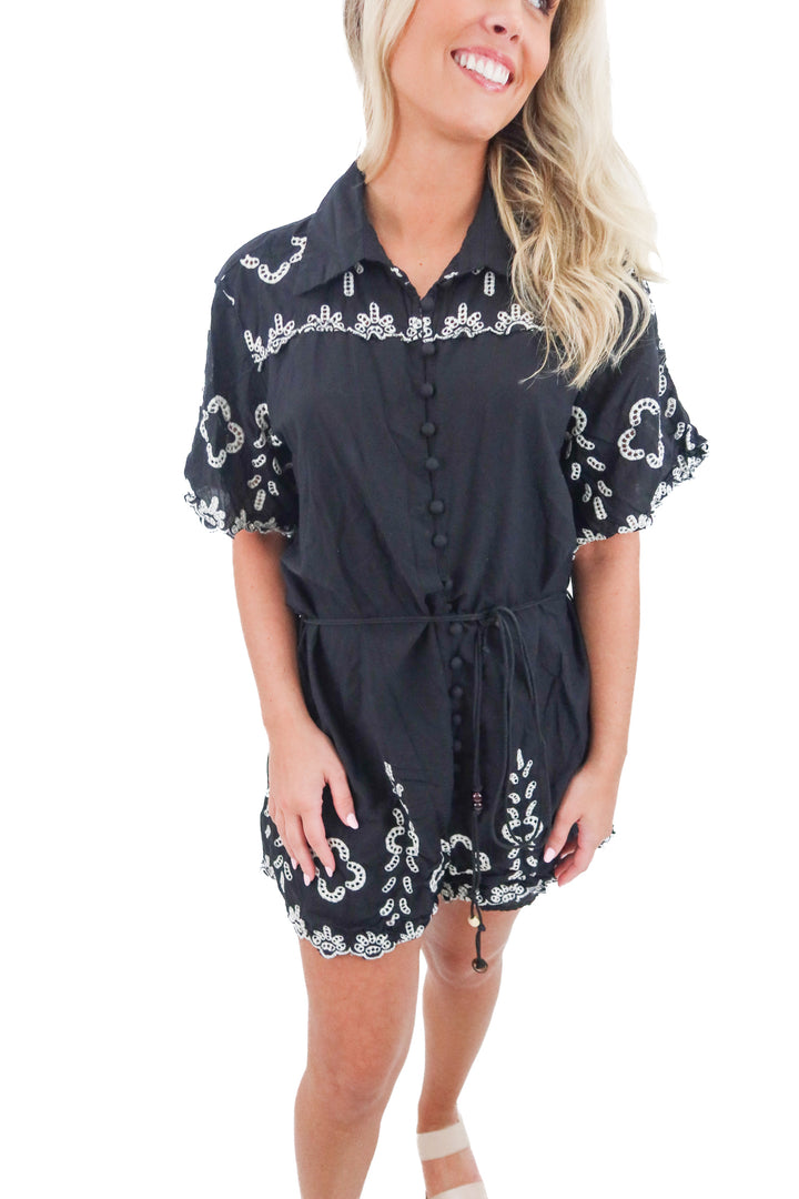 fashion nova black button up mini romper (xl; retail $45)