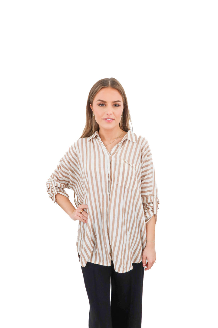 american eagle tan striped button up top (xs; retail $54.95)
