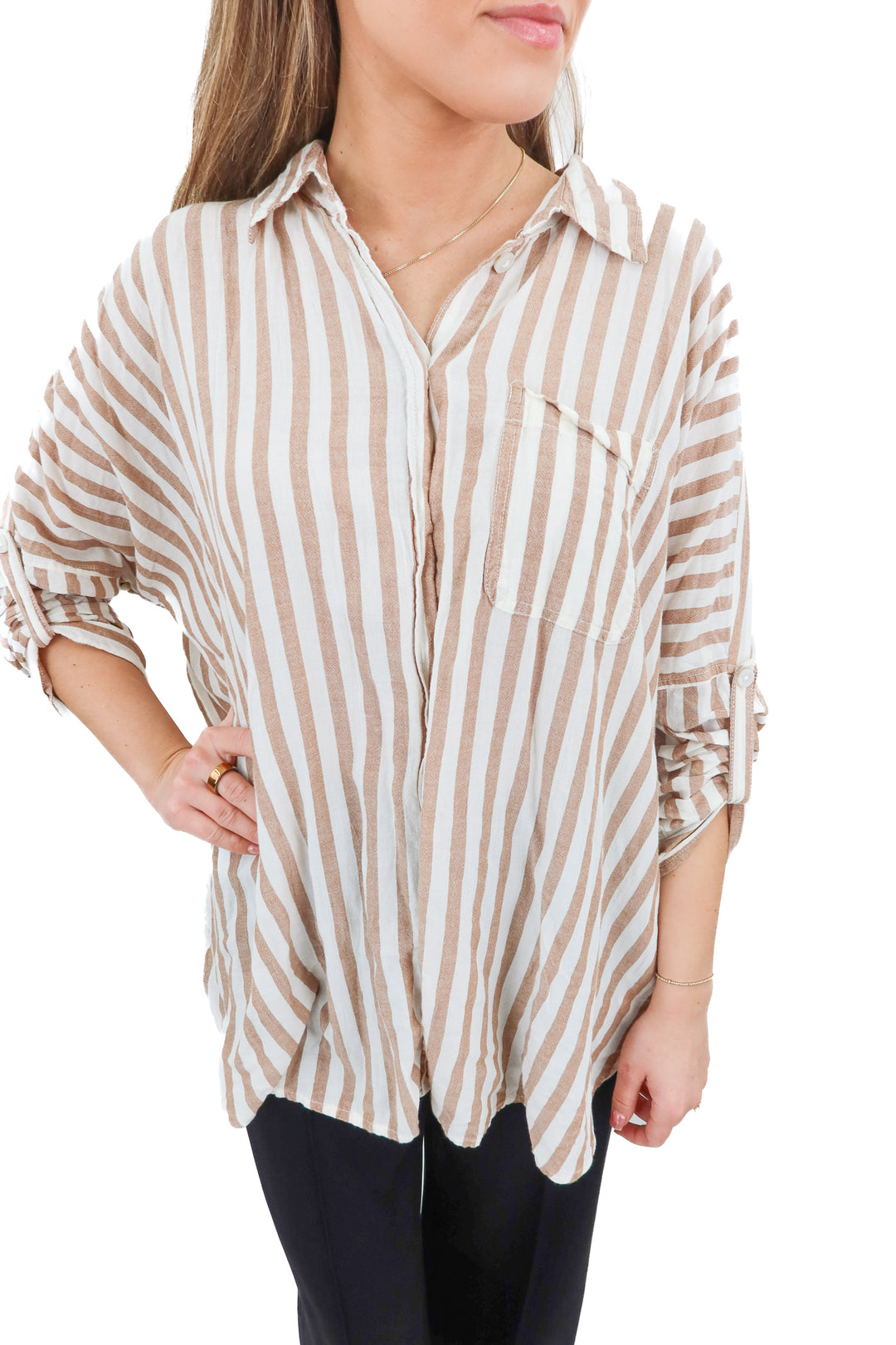 american eagle tan striped button up top (xs; retail $54.95)