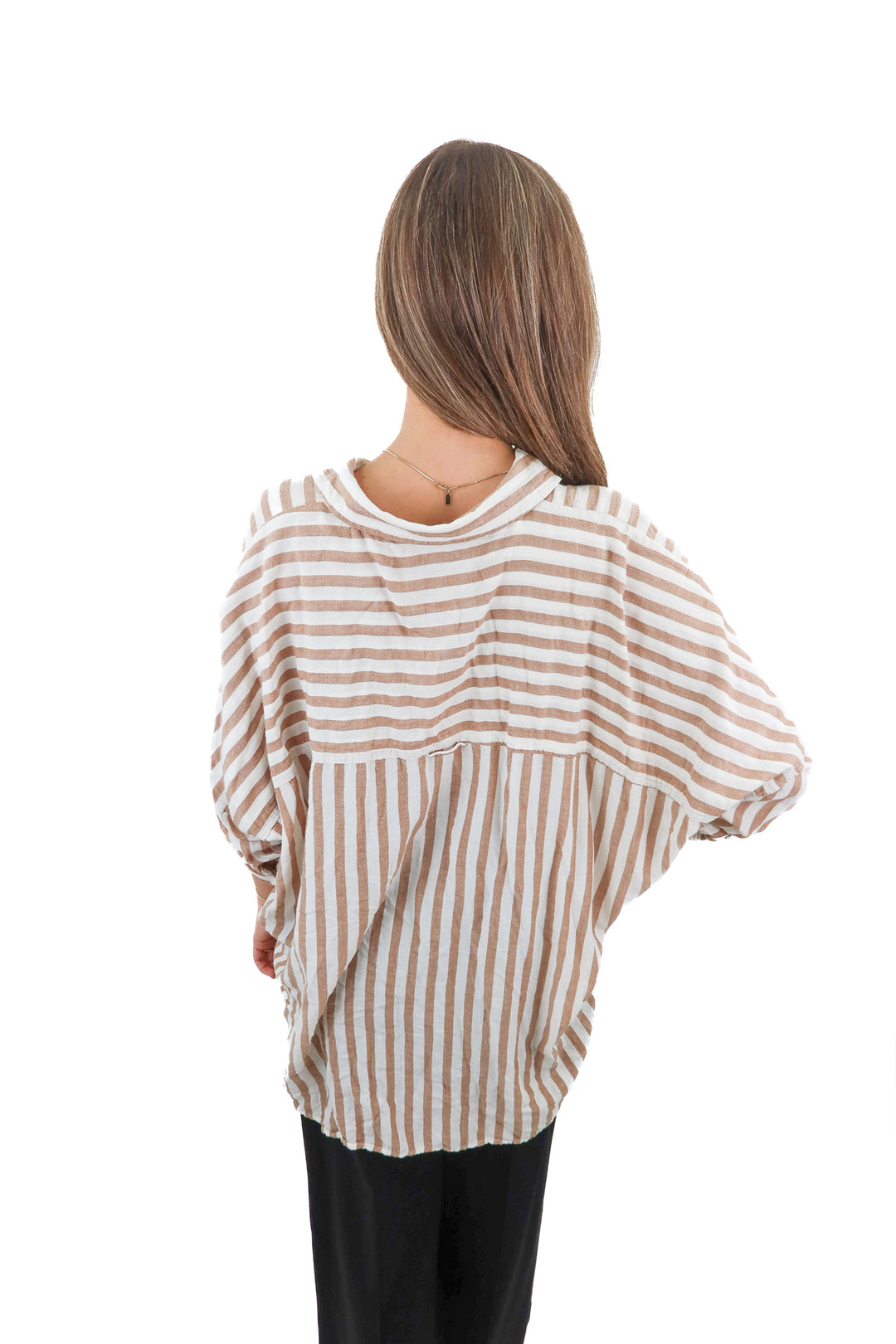 american eagle tan striped button up top (xs; retail $54.95)