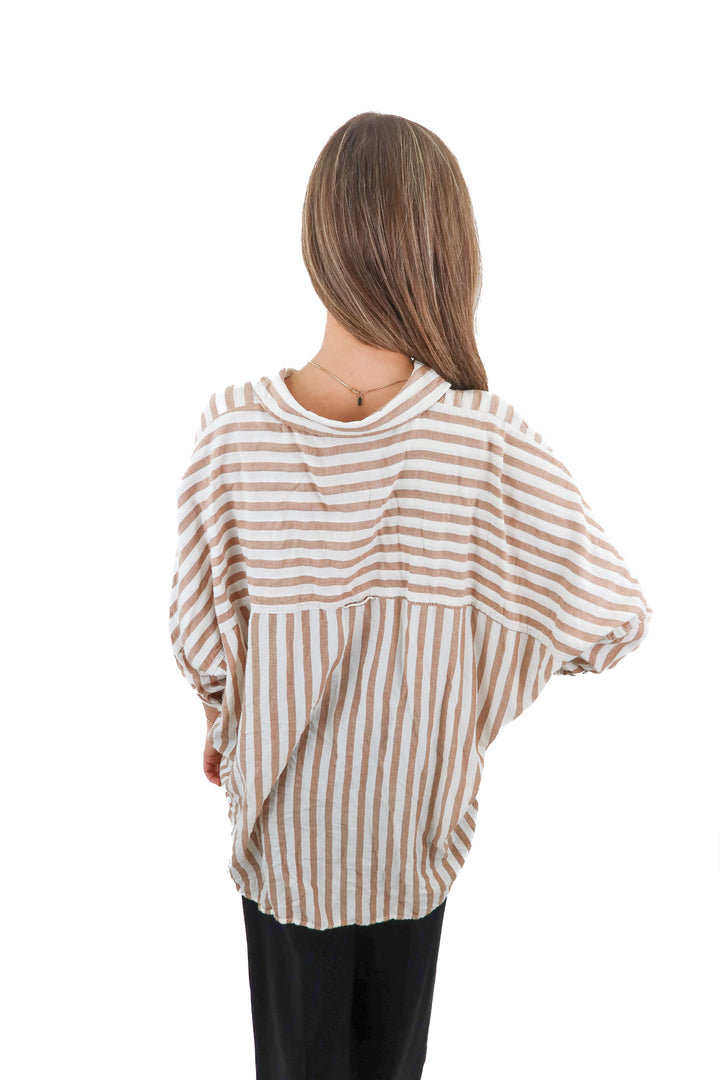 american eagle tan striped button up top (xs; retail $54.95)