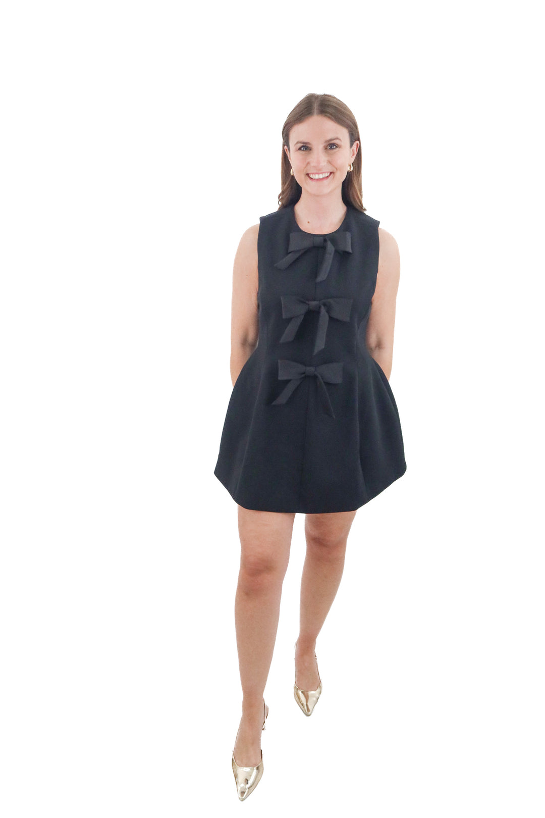 hill house black structured mini dress w/ bows (l)