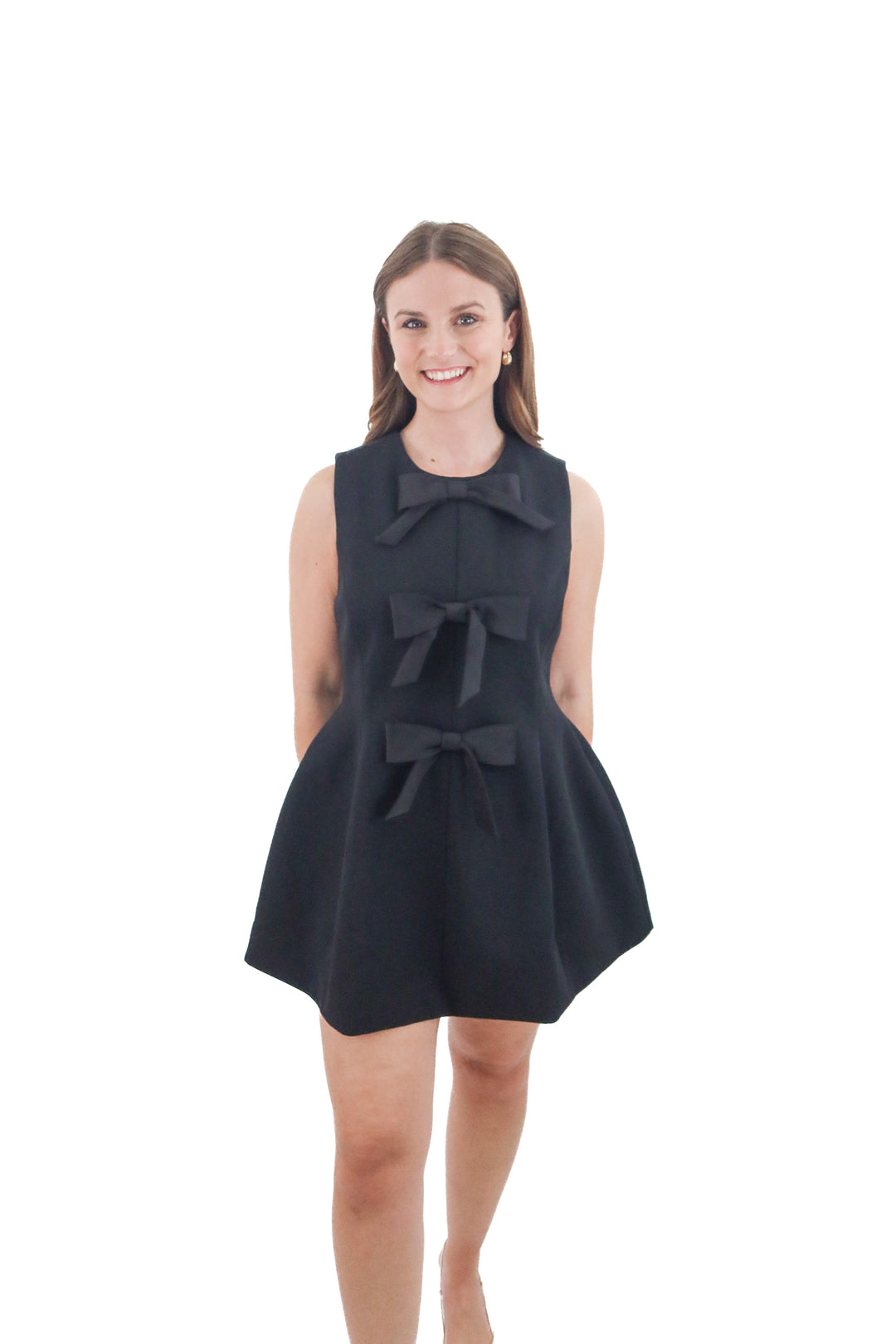 hill house black structured mini dress w/ bows (l)