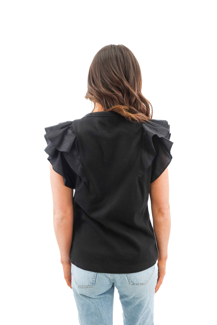 Veronica Beard black ruffle sleeve ribbed top (L; retail $158)