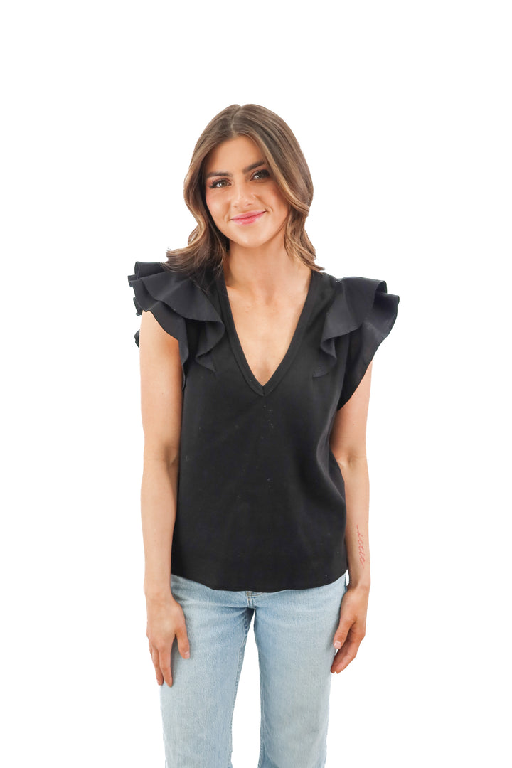 Veronica Beard black ruffle sleeve ribbed top (L; retail $158)