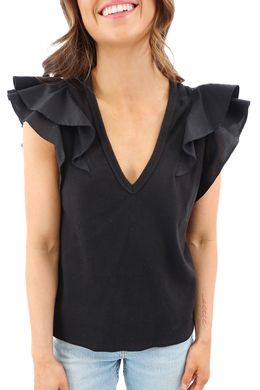 Veronica Beard black ruffle sleeve ribbed top (L; retail $158)