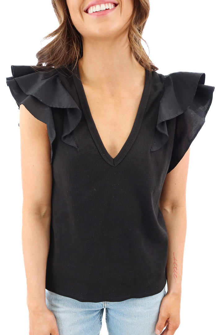 Veronica Beard black ruffle sleeve ribbed top (L; retail $158)