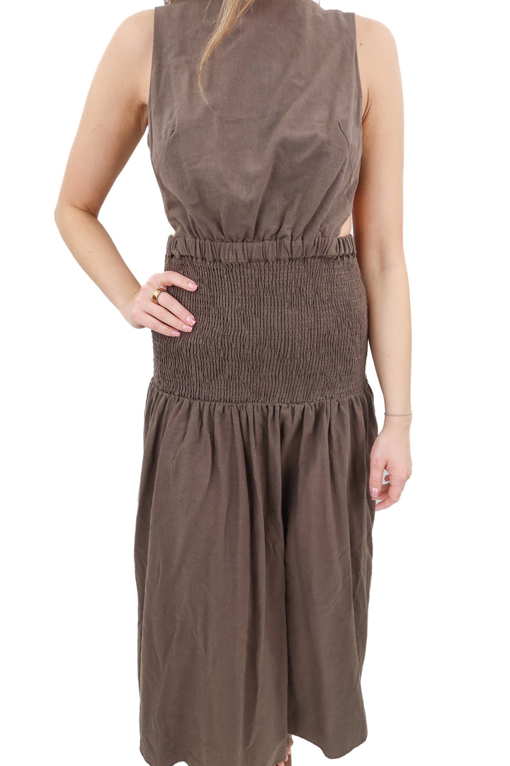 sndys brown open back maxi dress (s; retail $76)