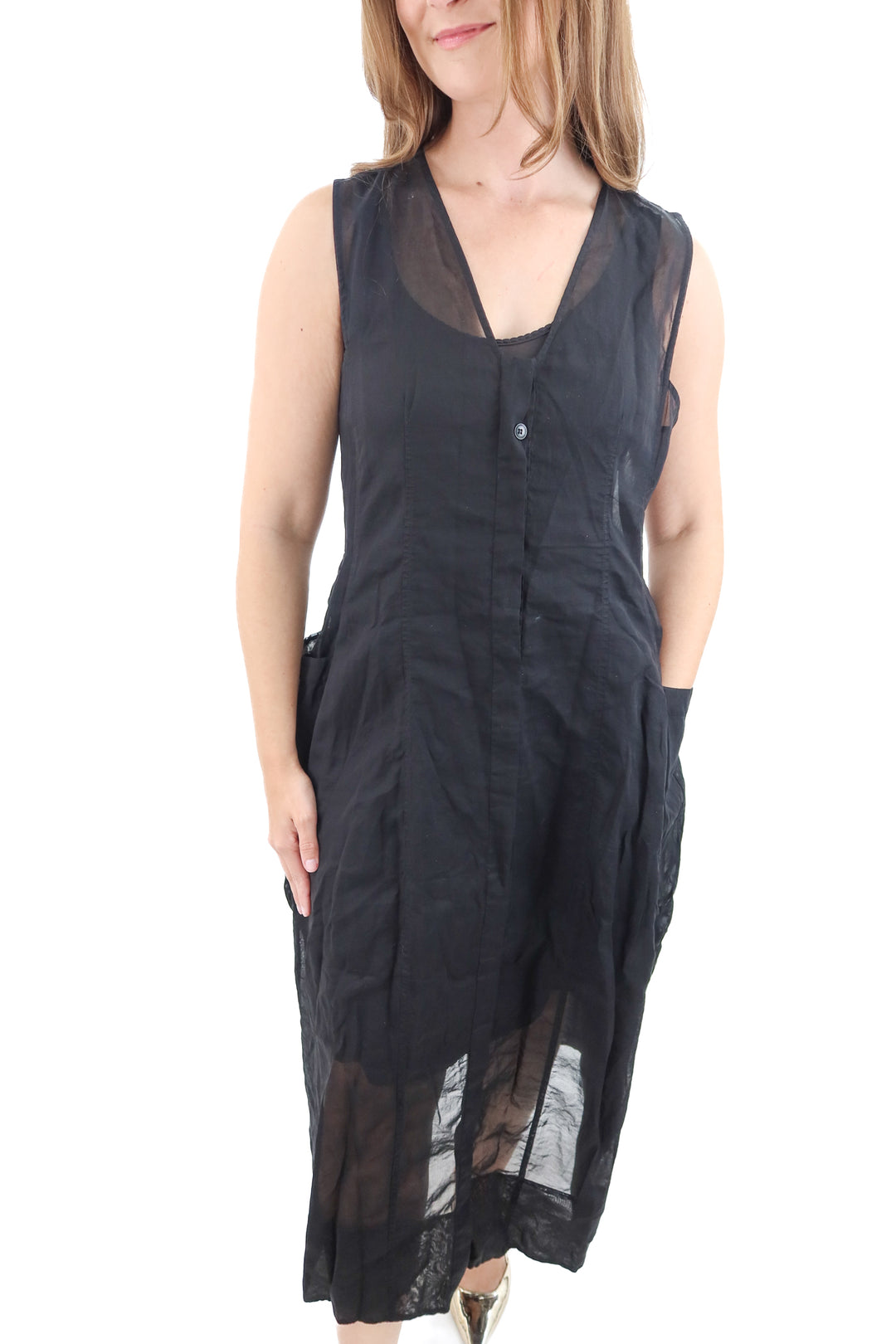 tibi black sleeveless sheer cotton maxi dress (10; retail $325)